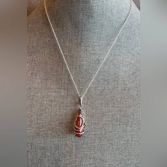 🔥Host Pick🔥Baltic Red Orange Cognac Amber Sterling Wrapped Pendant & Chain 18” - Picture 3 of 12